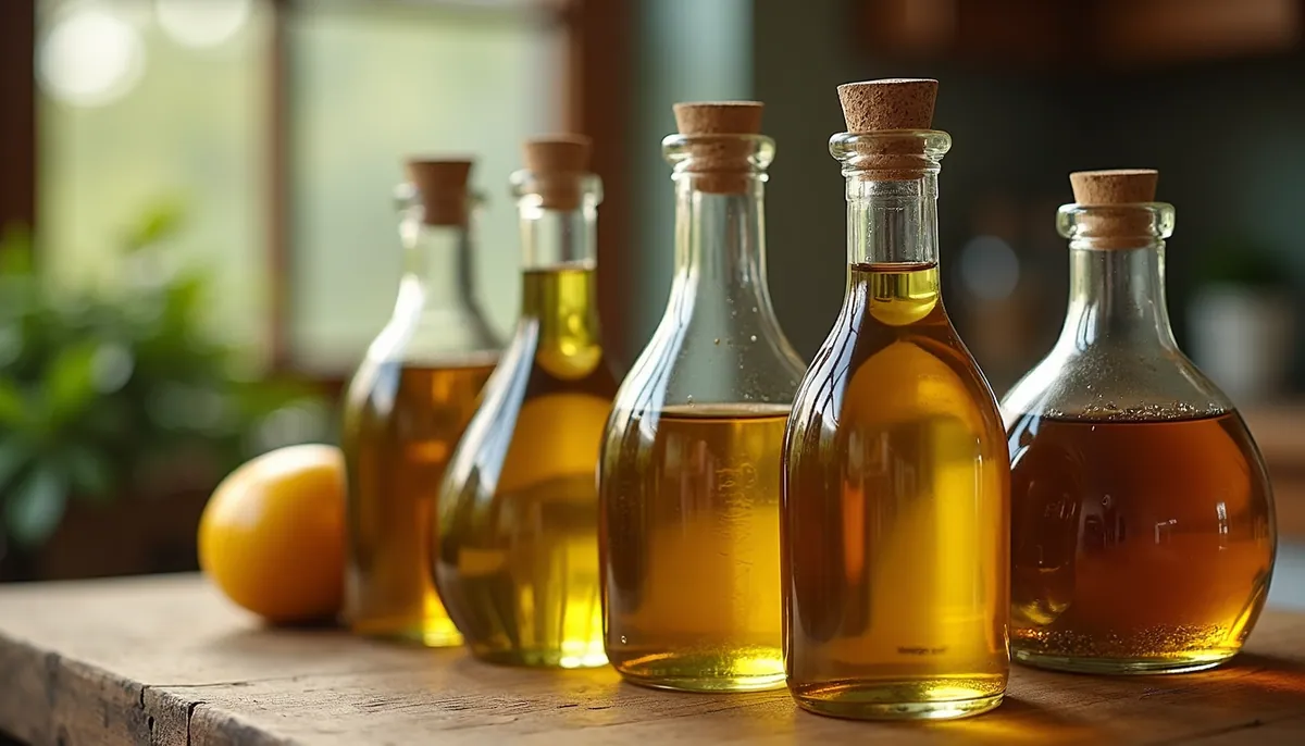 High angle view of various cooking oils in glass bottles on a wooden surface