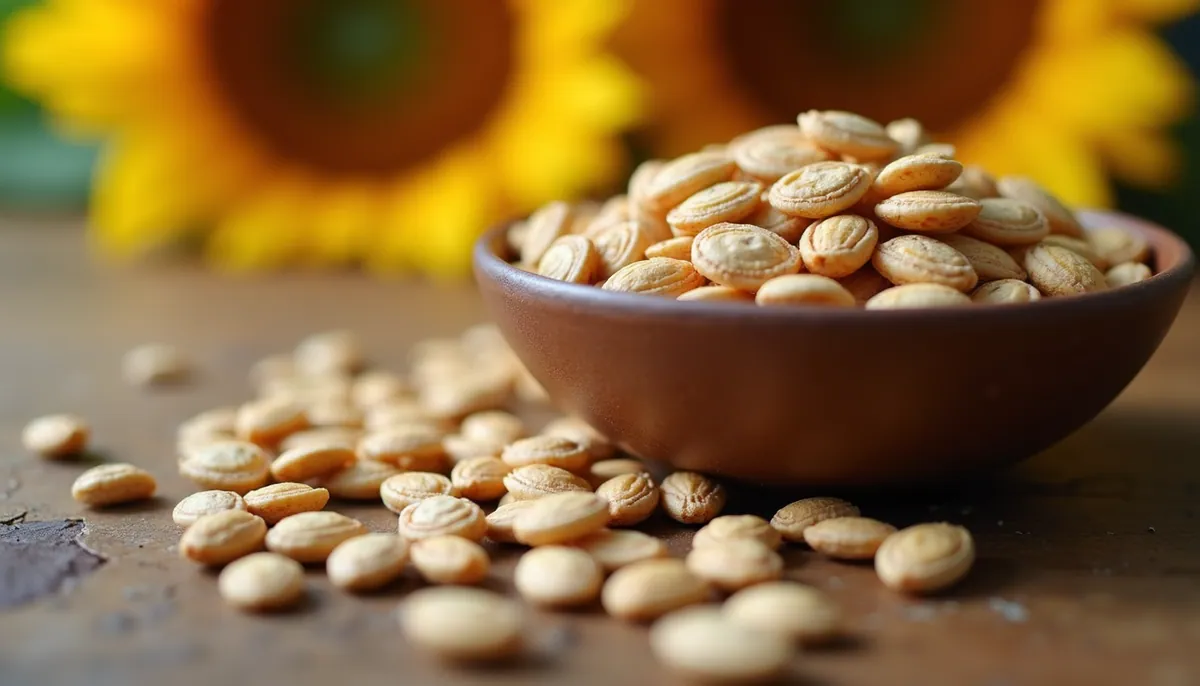 Bowl of shelled seeds spilling onto a table with sunflowers behind