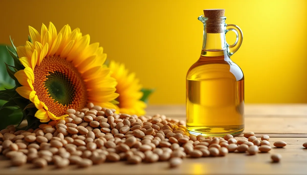 Glass jug of oil with a sunflower and scattered seeds