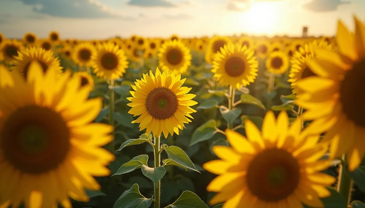 Sunflower field in full bloom at sunset
