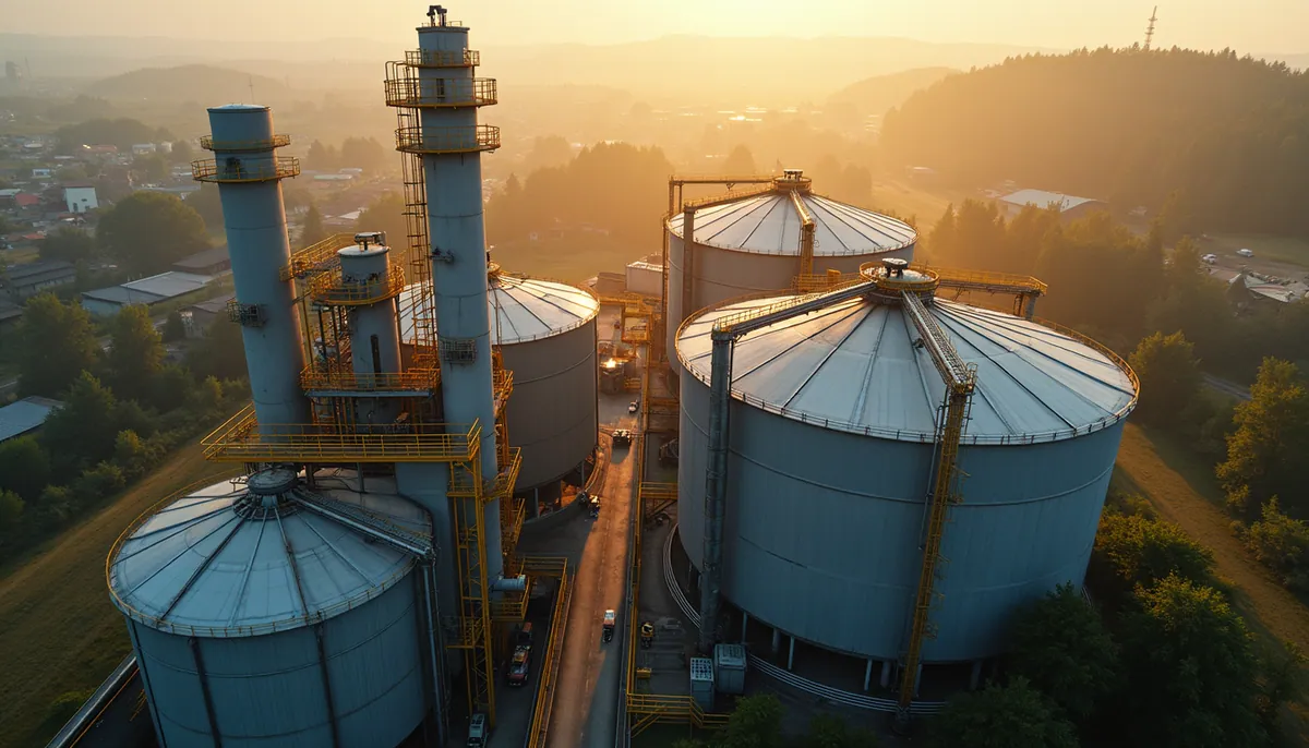 High angle view of sunflower oil refining tanks in a factory