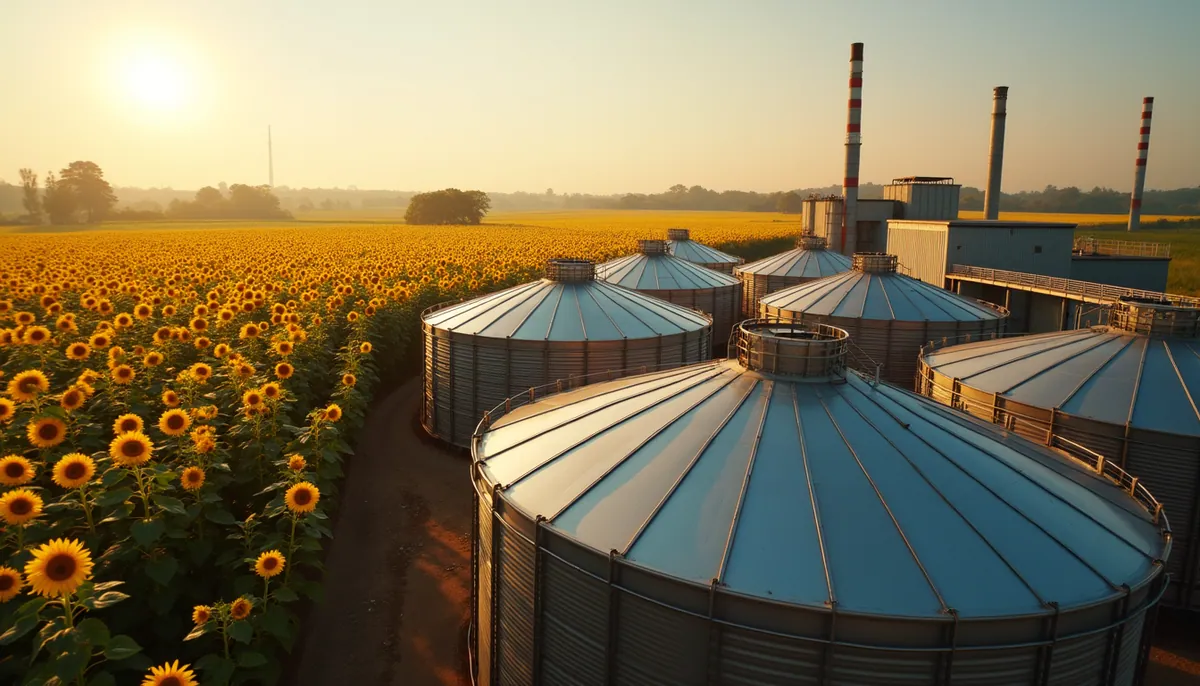 High angle view of industrial sunflower oil storage tanks