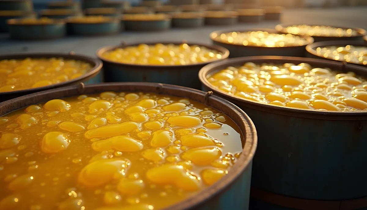 Open steel drums filled with golden oil