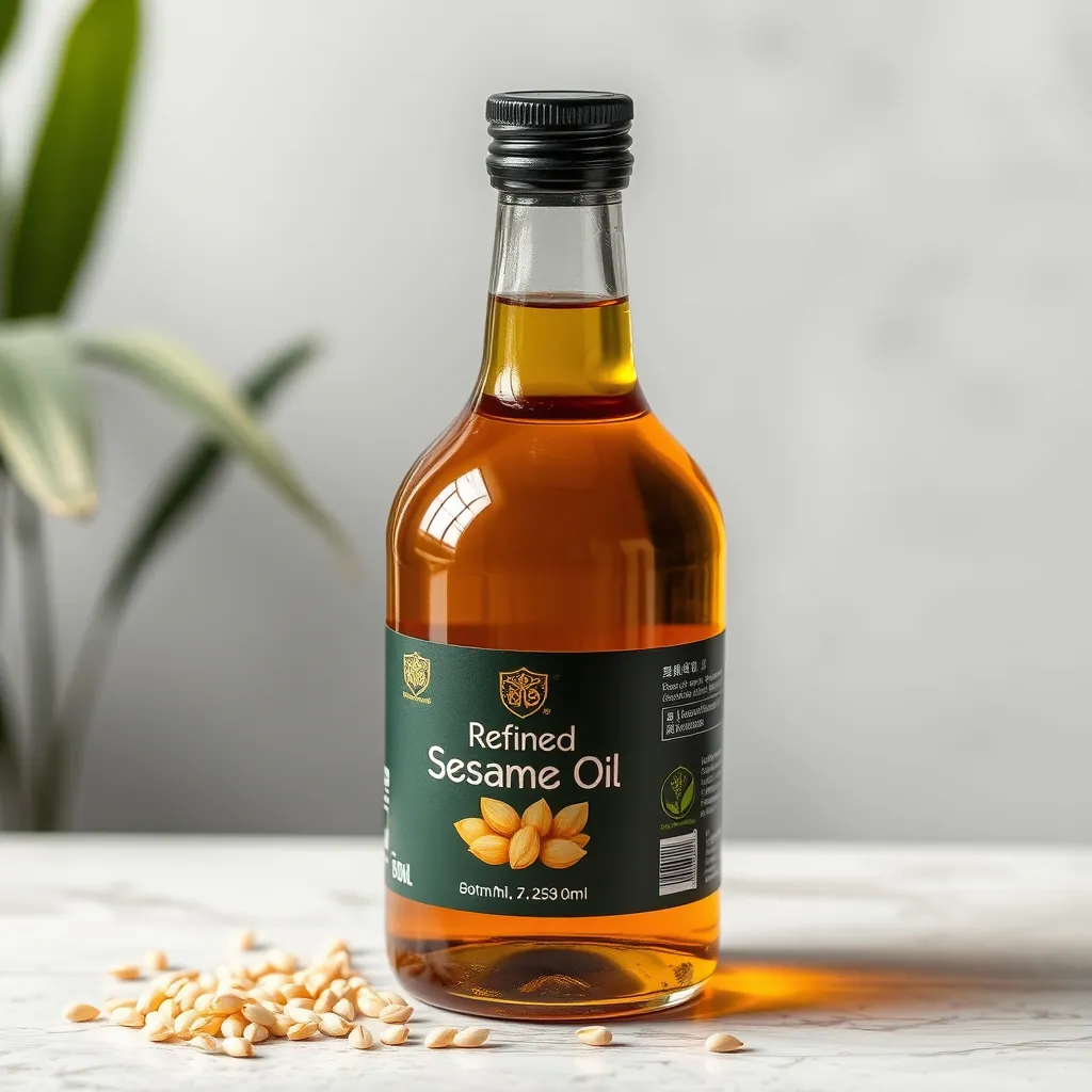 Dark bottle labelled refined sesame oil with sesame seeds