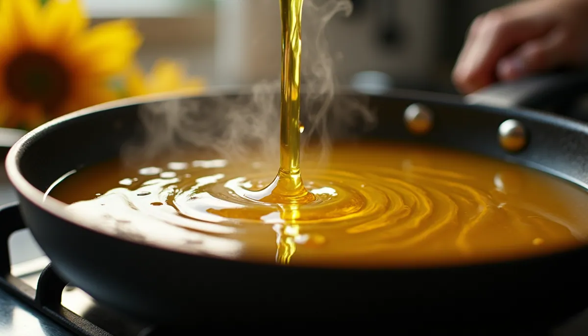 Eye-level view of cooking pan with refined sunflower oil being poured