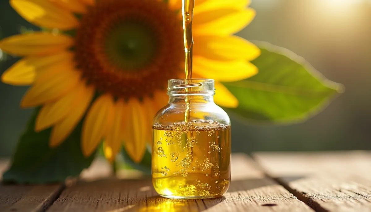 Close-up view of sunflower oil being poured into a glass bottle