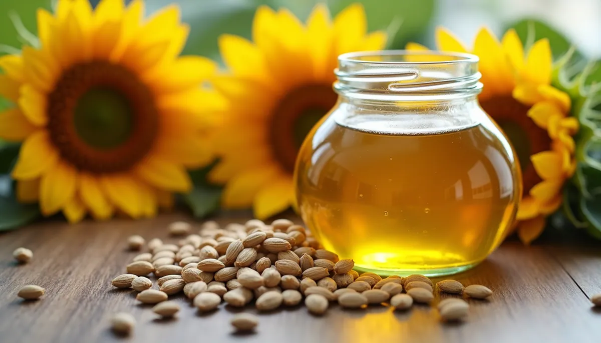 High angle view of sunflower seeds and a glass jar of unrefined sunflower oil