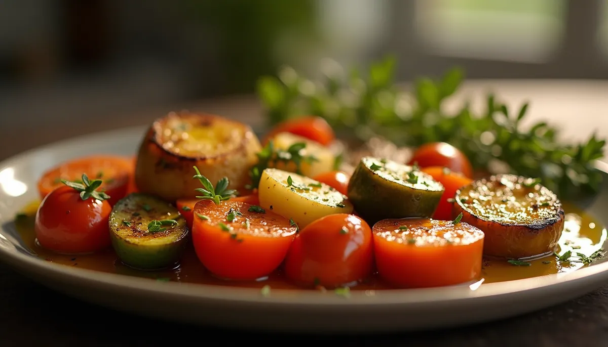 Eye-level view of roasted vegetables drizzled with sunflower oil
