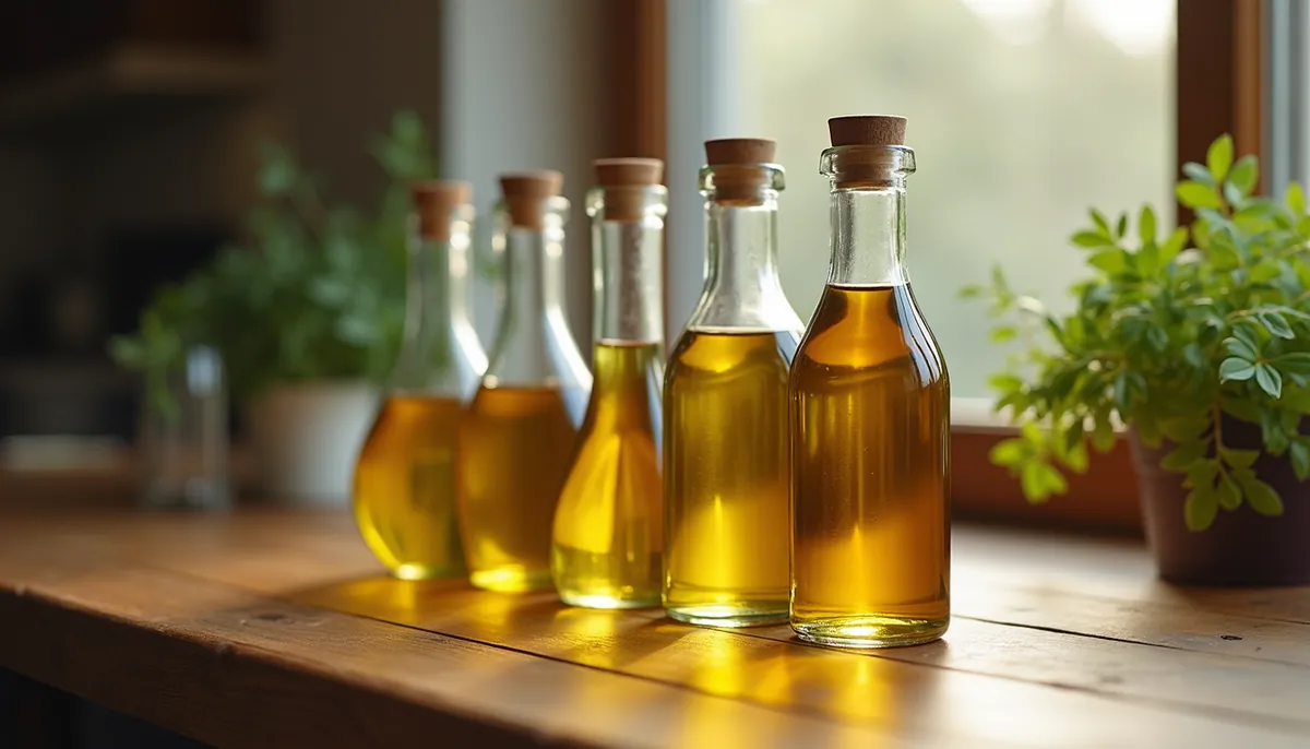 Eye-level view of various cooking oils in clear bottles on a wooden table