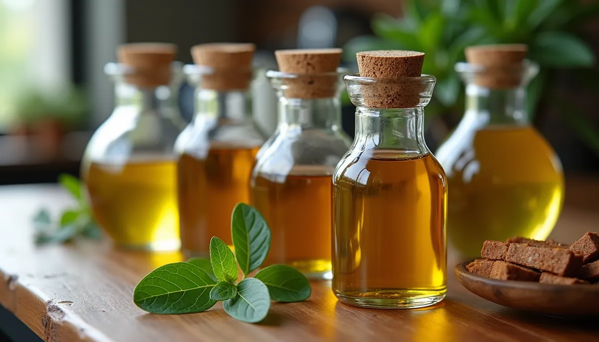 High angle view of various cooking oils in glass containers on a wooden table