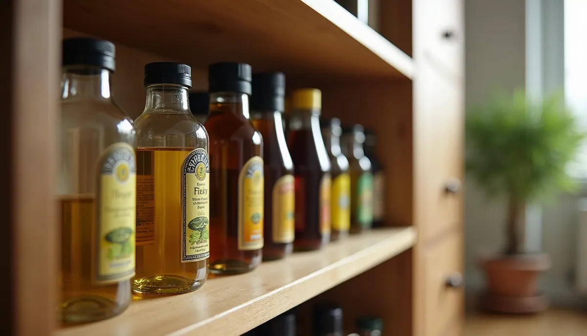 Eye-level view of a kitchen cupboard with organized bottles of cooking oils