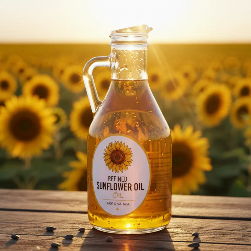 Glass jug of refined sunflower oil in a sunflower field