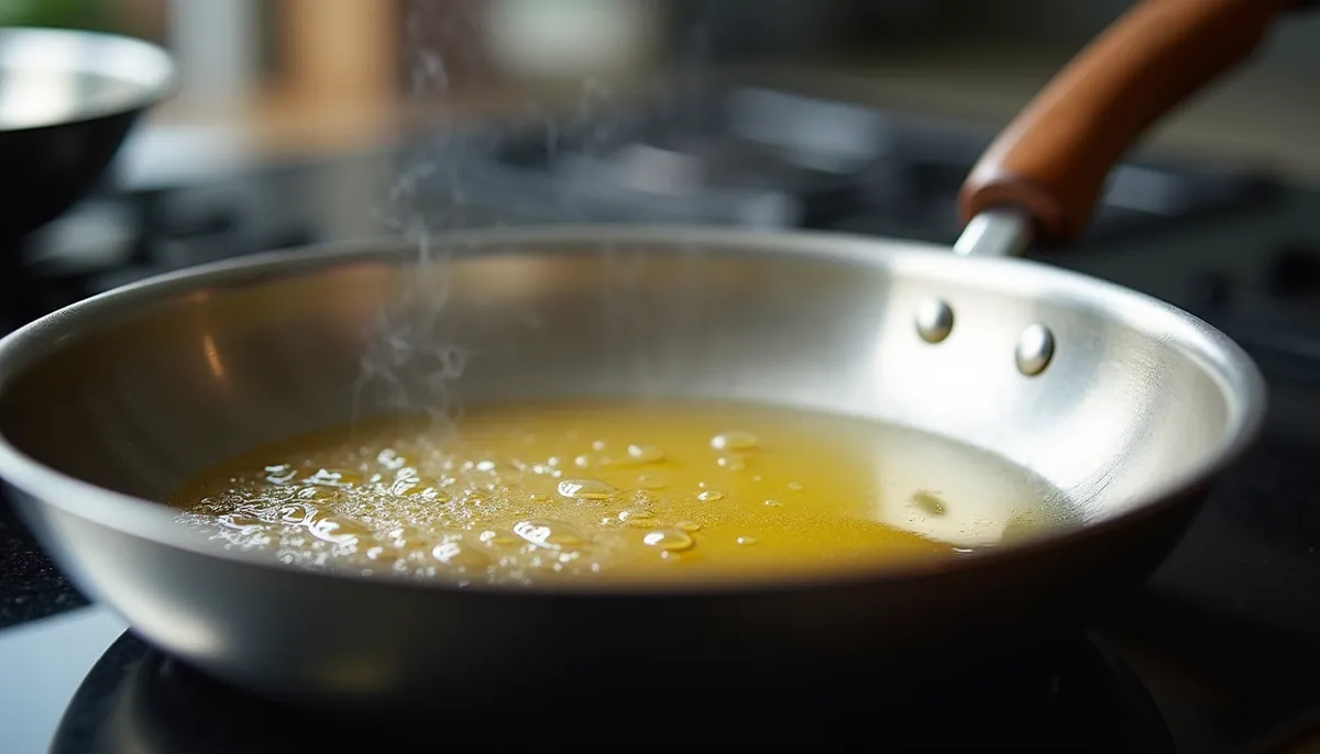 Eye-level view of a stainless steel frying pan with neutral oil heating
