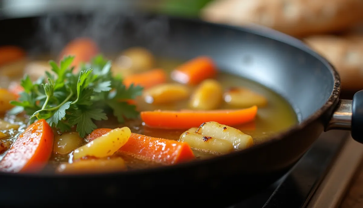 Vegetables simmering in oil in a frying pan