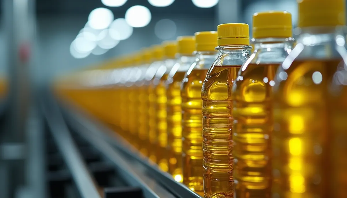 Close-up view of sunflower oil bottles on a production line