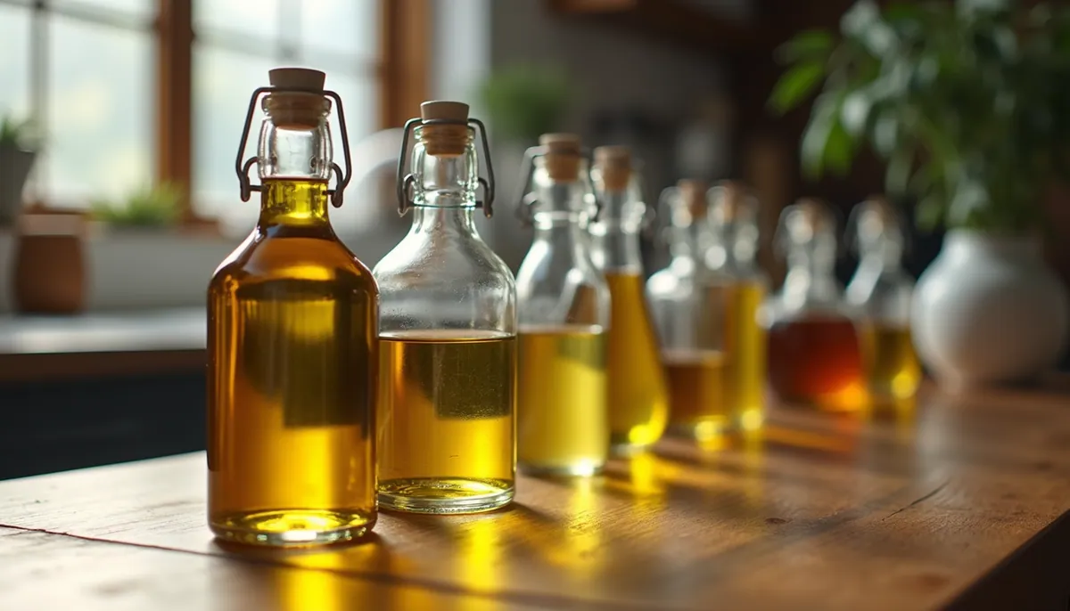 Eye-level view of various cooking oils in clear bottles on a wooden surface