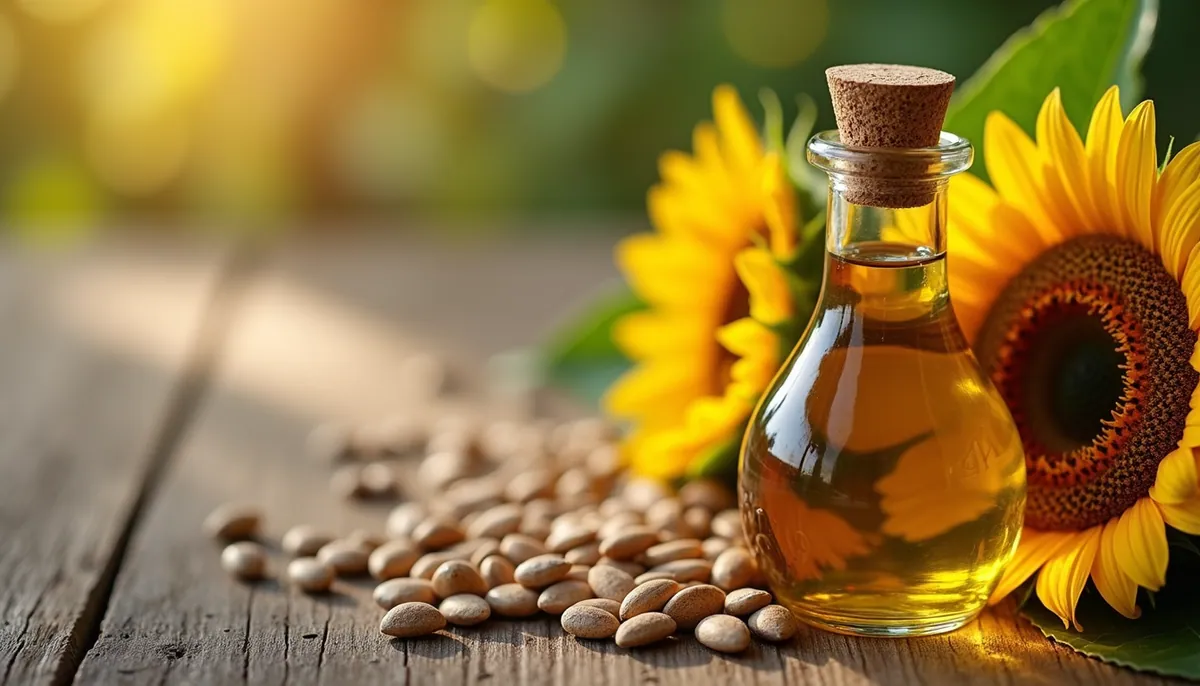 High angle view of sunflower seeds and a bottle of refined sunflower oil on a wooden table