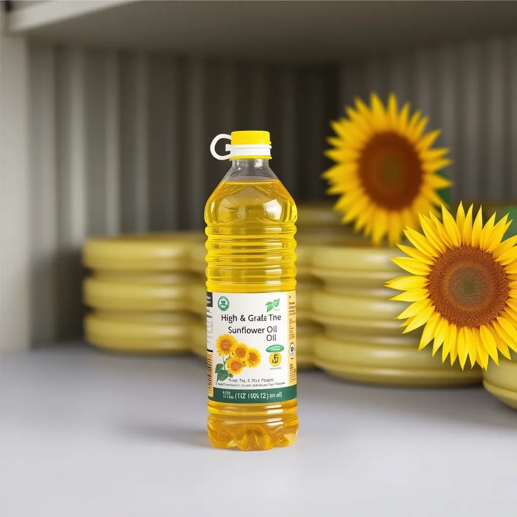 PET bottle of sunflower oil with sunflowers inside a container