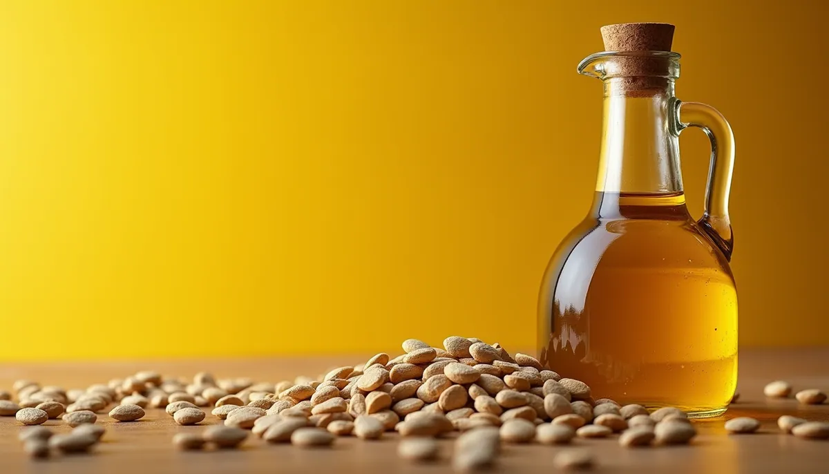 Eye-level view of sunflower seeds and a bottle of unrefined sunflower oil