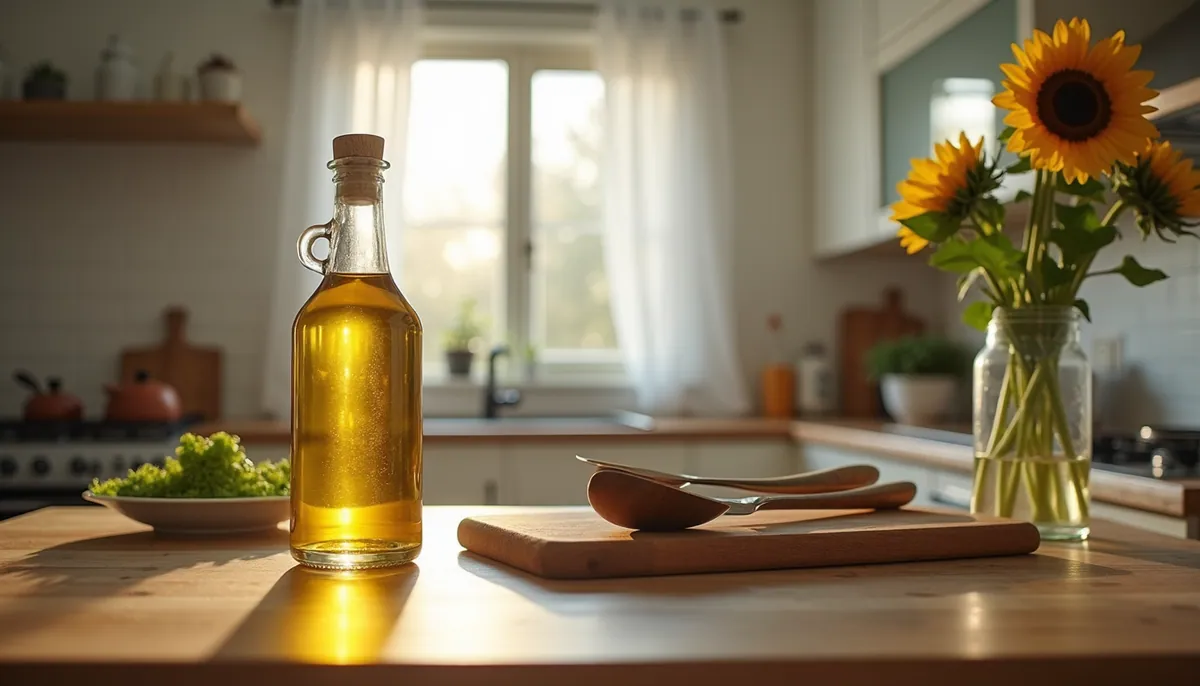 High angle view of a kitchen countertop with cooking utensils and sunflower oil bottle