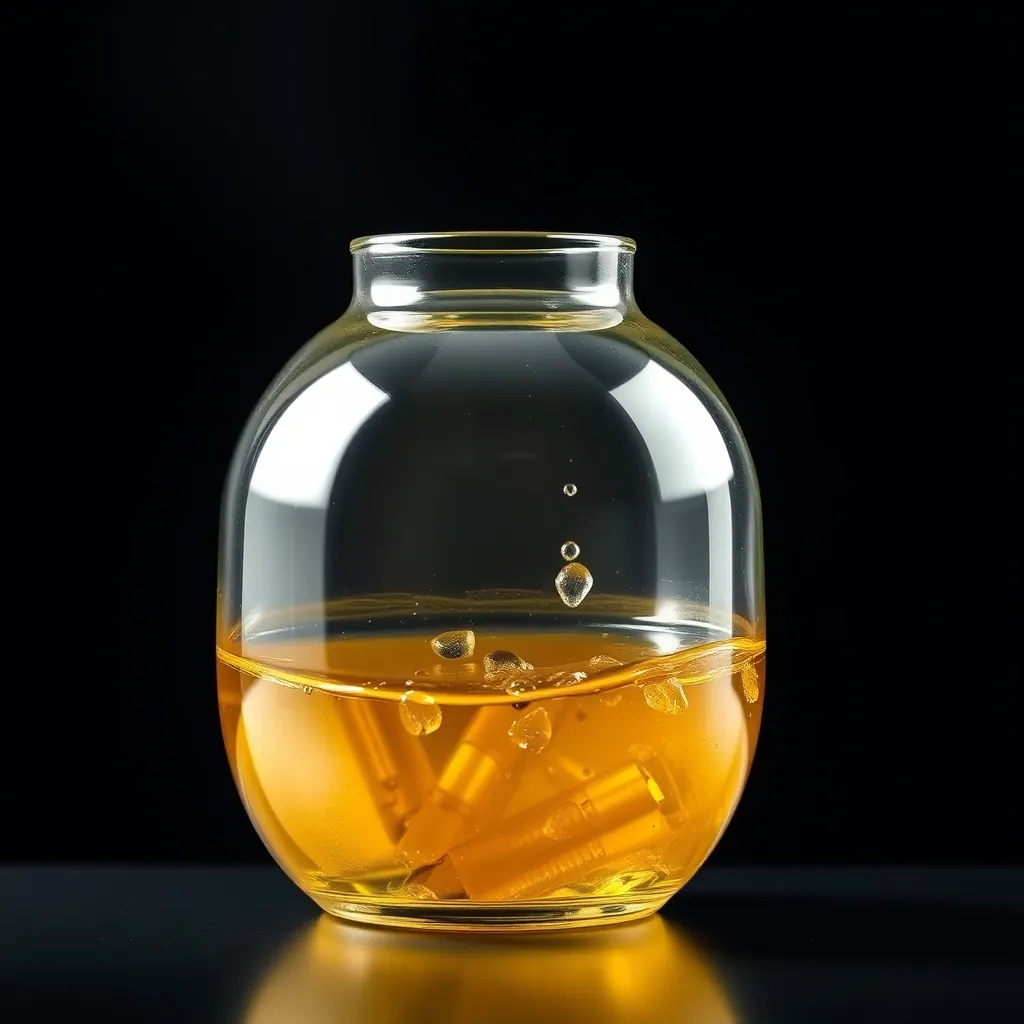 Round glass vessel of palm oil on a black background