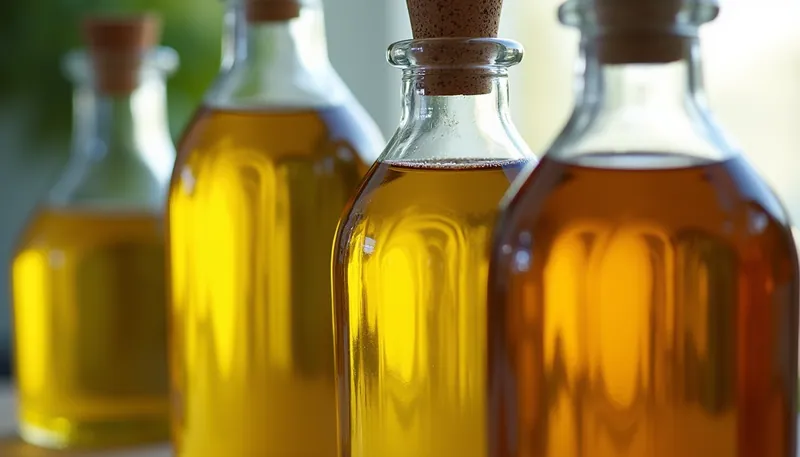 Close-up row of glass bottles holding oils of different shades