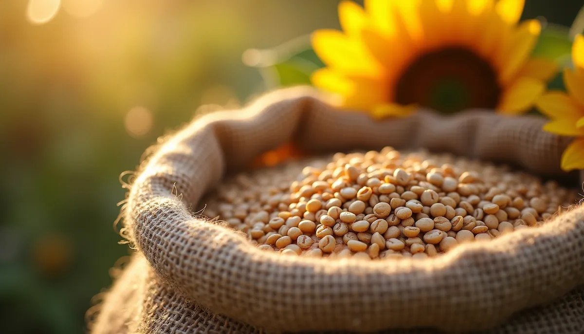 Close-up view of sunflower seeds in a burlap sack