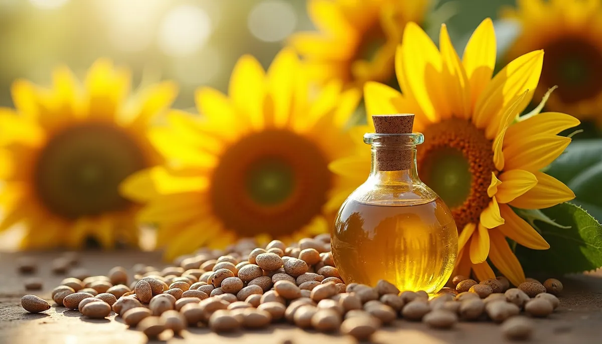 Small cruet of oil with soybeans and sunflowers