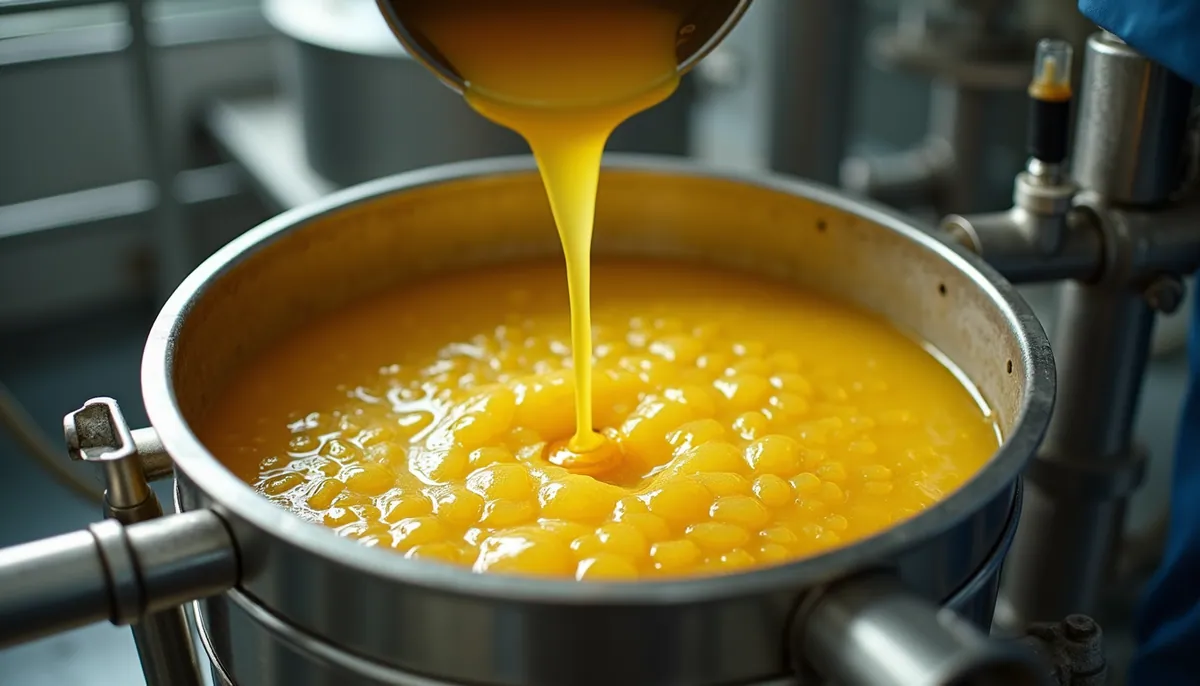 High angle view of sunflower oil being filtered in a factory