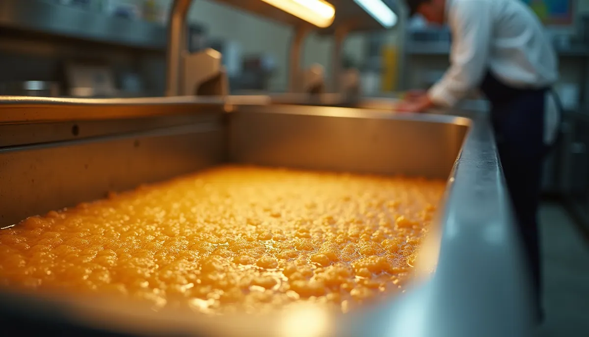 Eye-level view of commercial deep fryer with bubbling oil