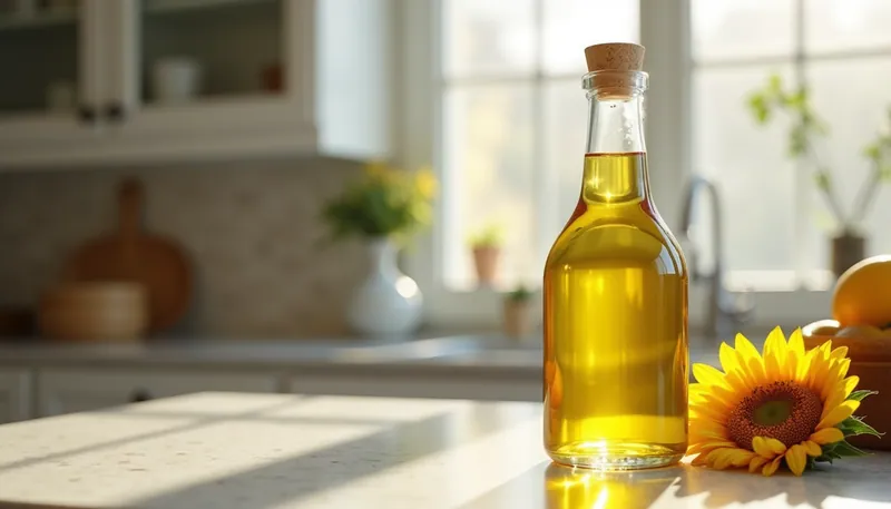 Bottle of sunflower oil with a sunflower on a sunlit counter