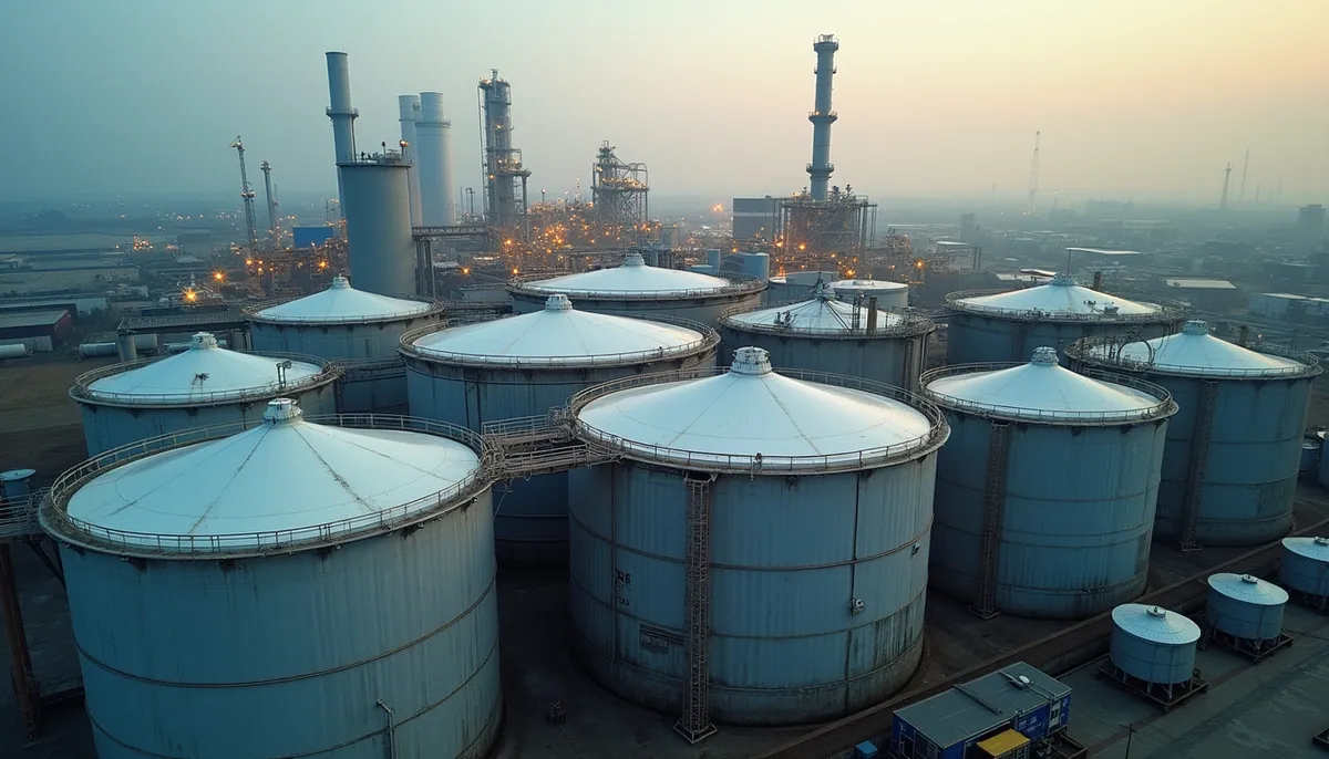 High angle view of industrial oil storage tanks at a manufacturing facility