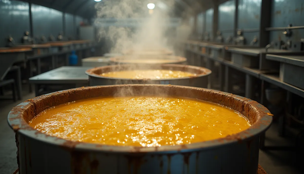 High angle view of large industrial frying vats filled with hot oil