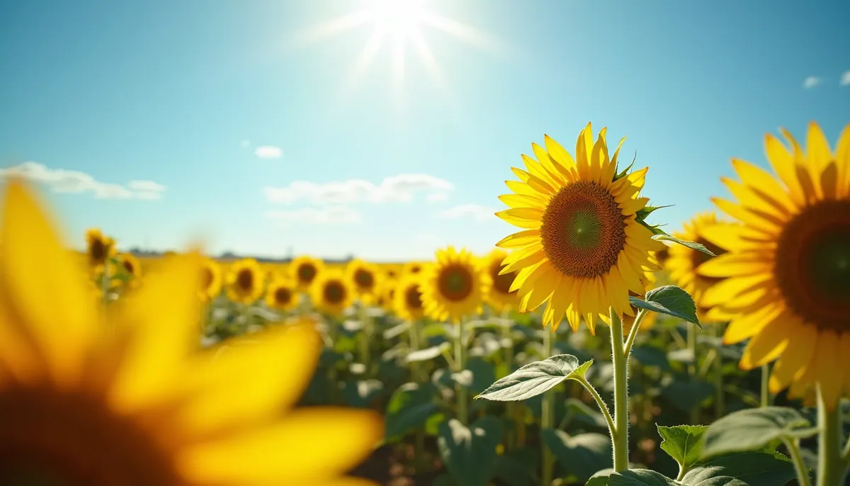 High angle view of sunflower fields under a clear blue sky