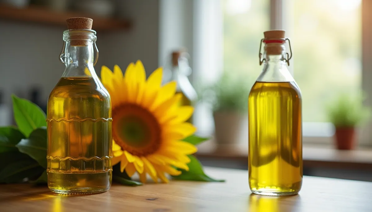 Eye-level view of a kitchen counter with bottles of sunflower and olive oil
