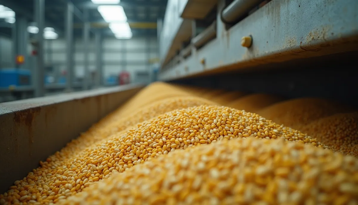 Eye-level view of sunflower seeds being processed in an industrial facility