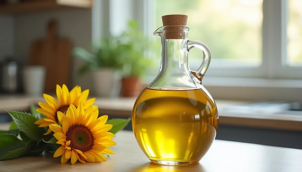 Eye-level view of a clear glass bottle filled with refined sunflower oil on a kitchen counter