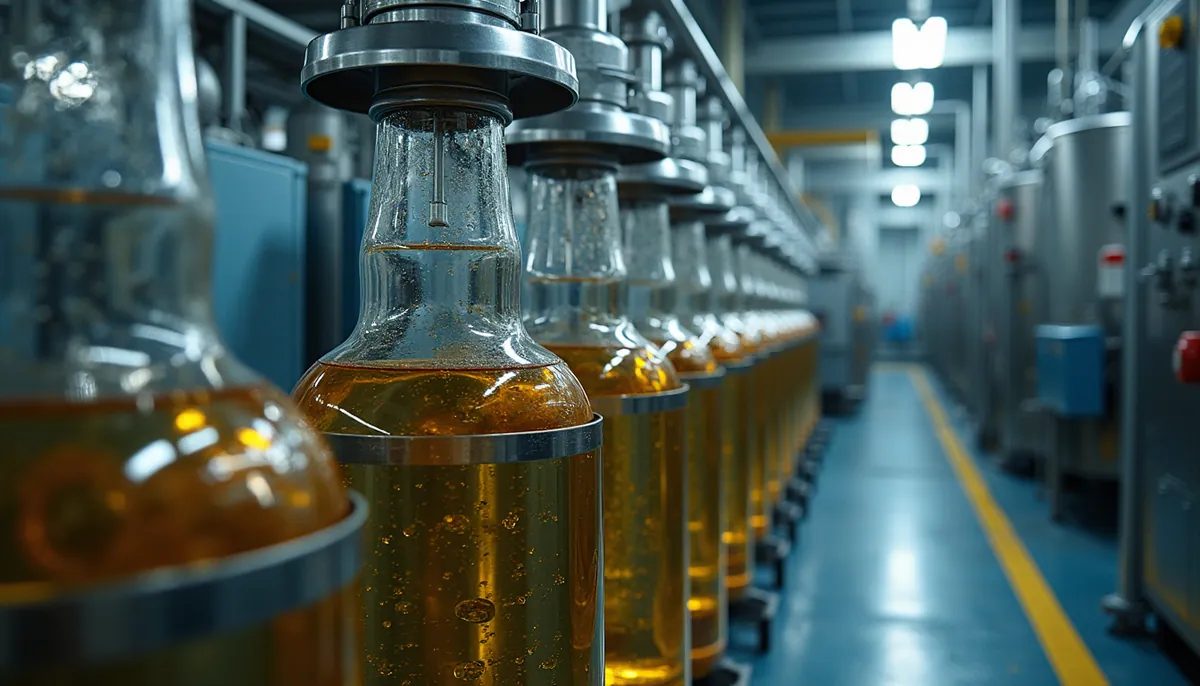 High angle view of sunflower oil refining equipment in a processing plant