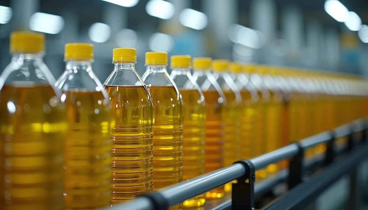 Eye-level view of sunflower oil bottles on a production line