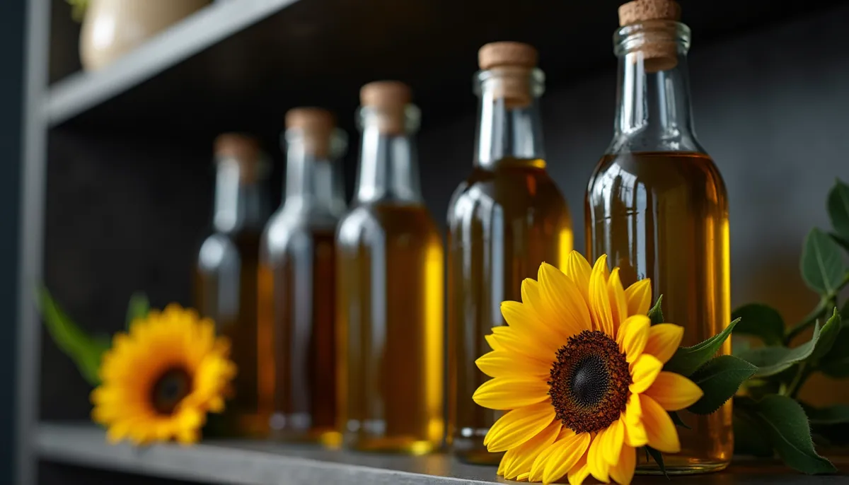 High angle view of a dark kitchen cabinet with bottles of sunflower oil