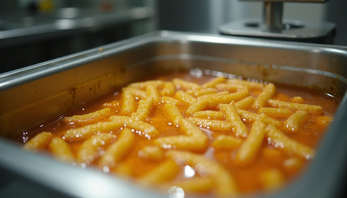 Eye-level view of a commercial deep fryer filled with hot oil