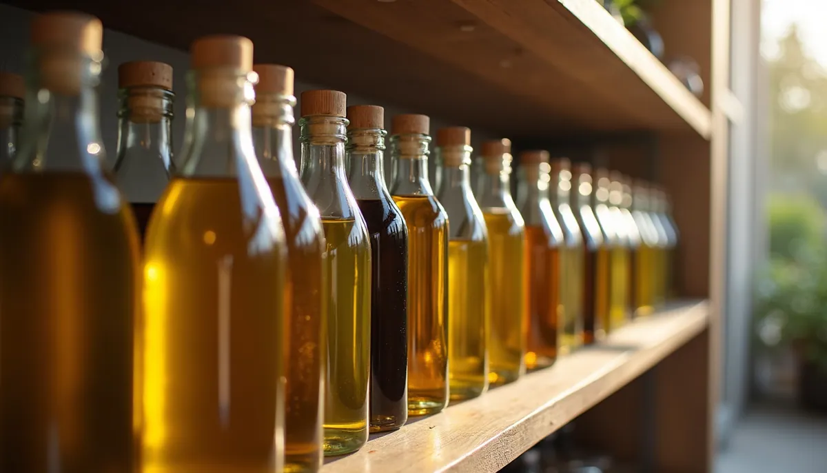Eye-level view of bottles of refined cooking oils on a wooden shelf
