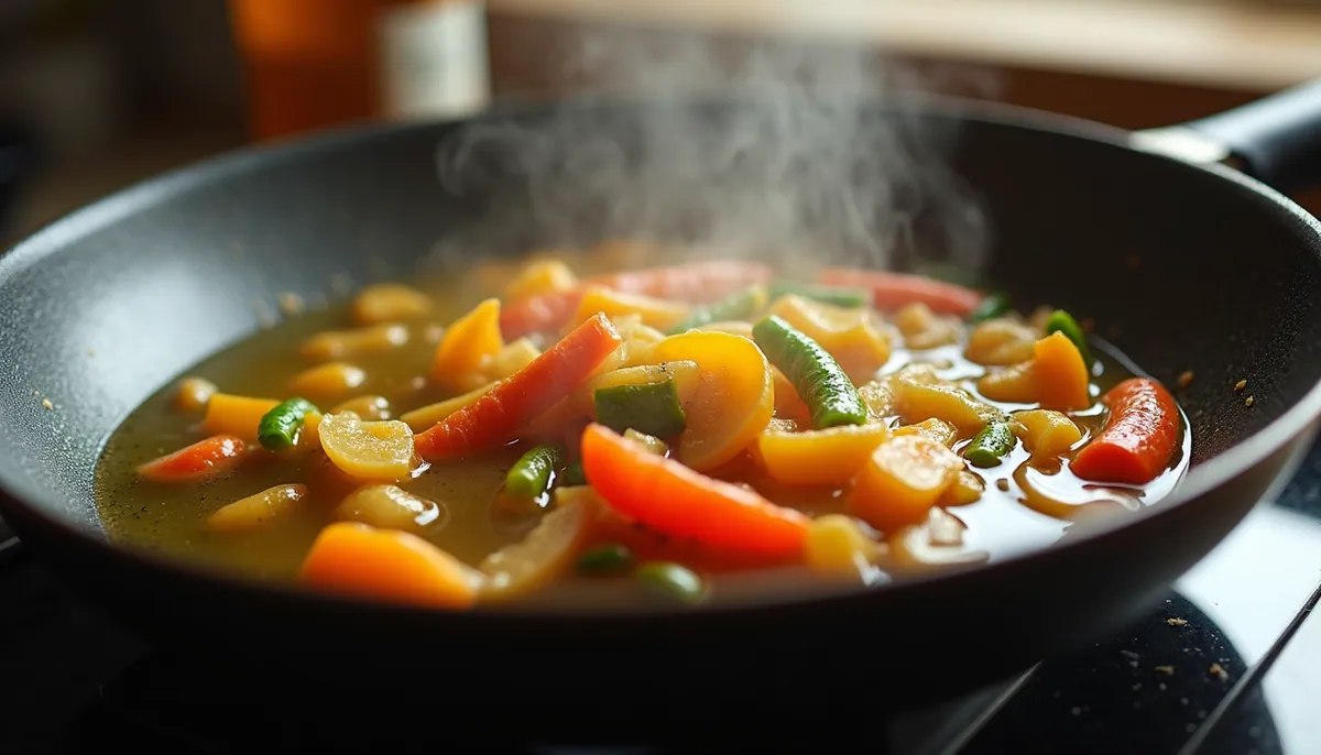 Eye-level view of a frying pan with vegetables cooking in refined sunflower oil