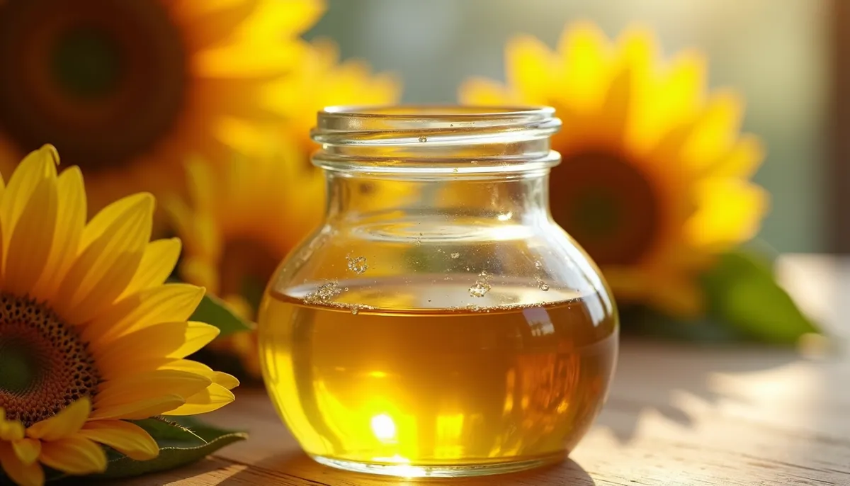 Eye-level view of clear golden sunflower oil in a glass bottle