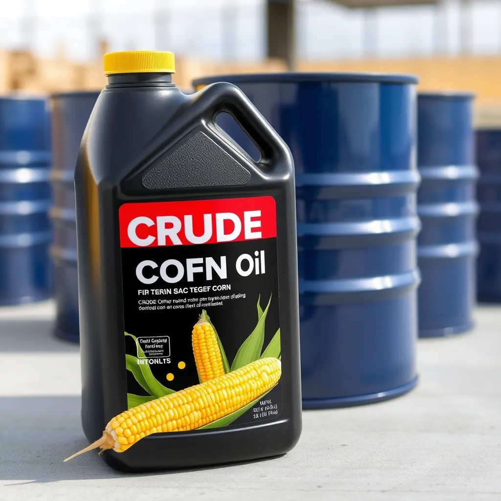 Jerrycan of crude corn oil in front of steel drums