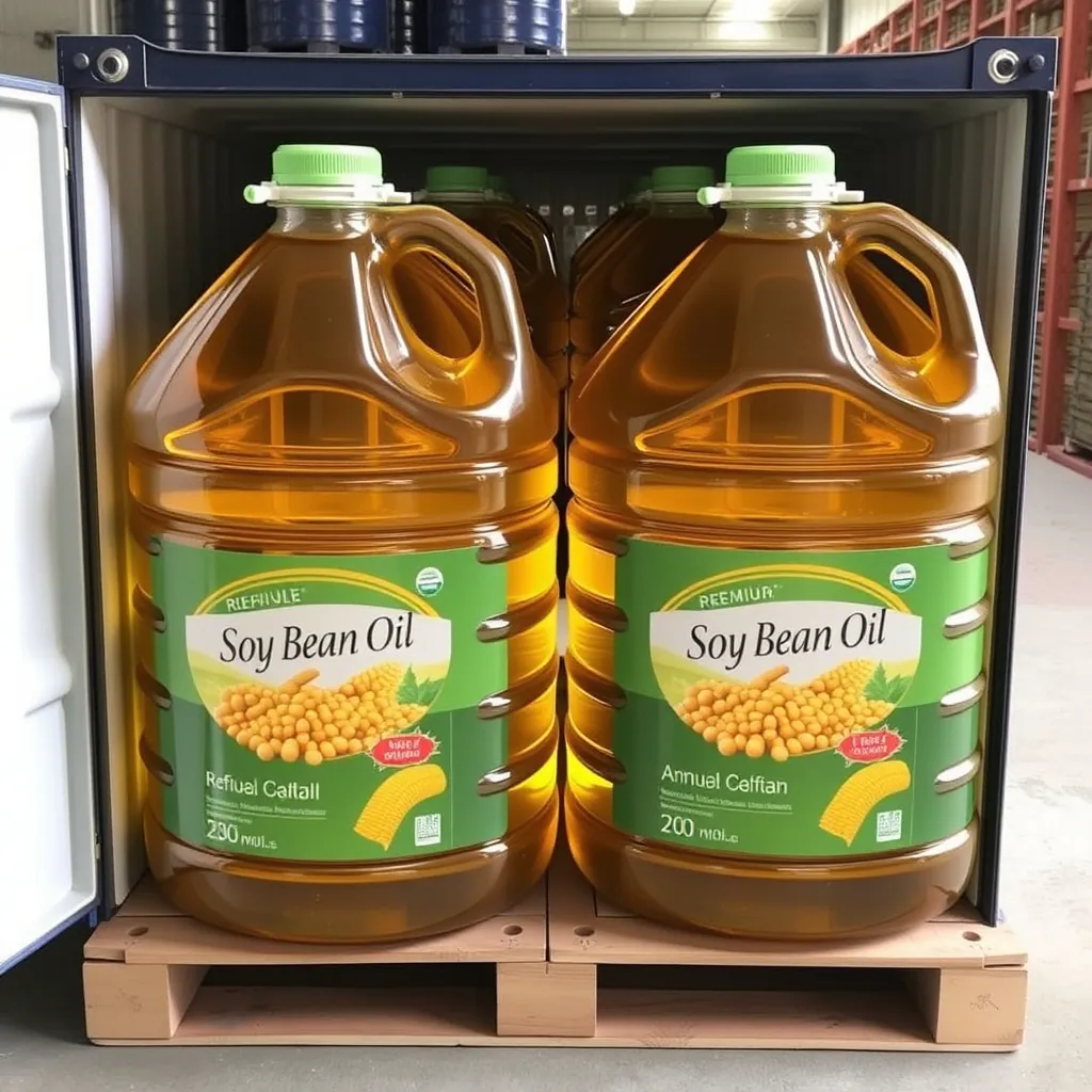 Two jugs of soybean oil standing on a pallet