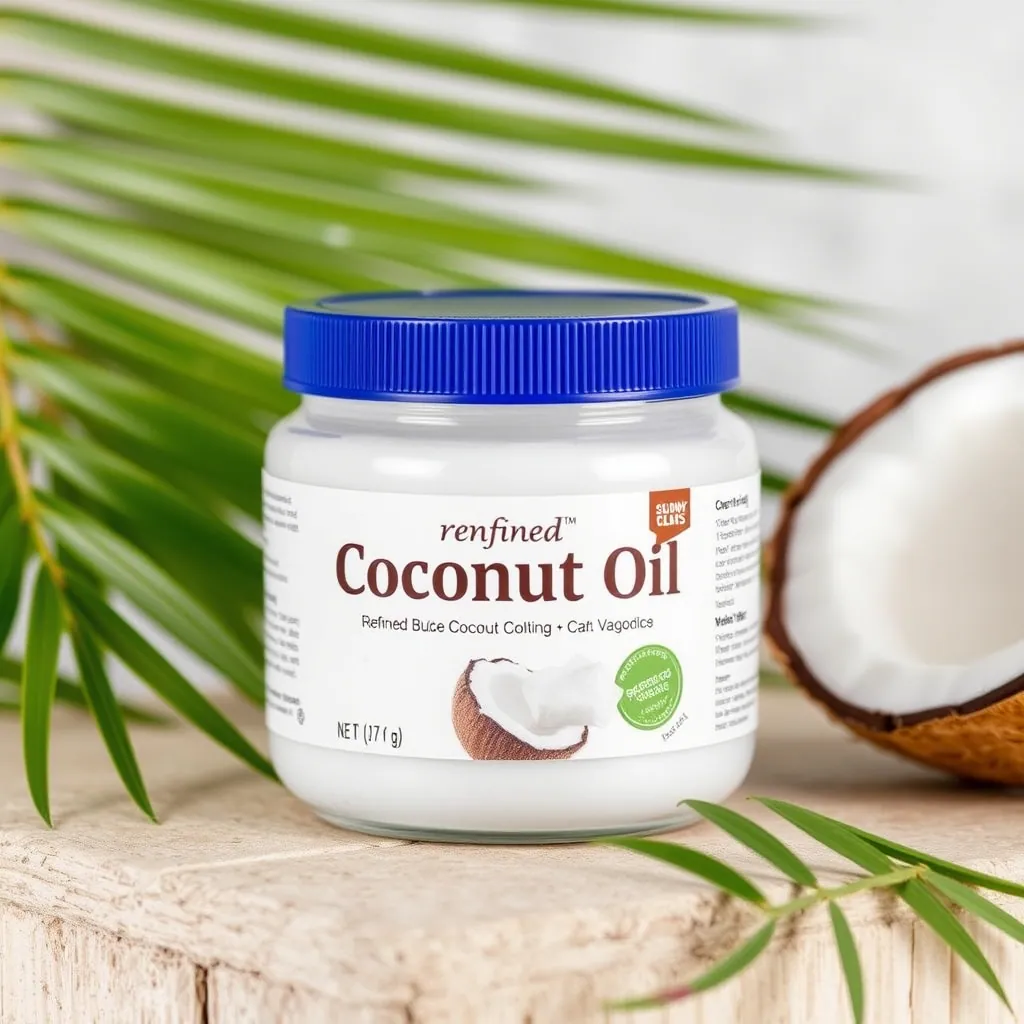 Tub of refined coconut oil beside a halved coconut