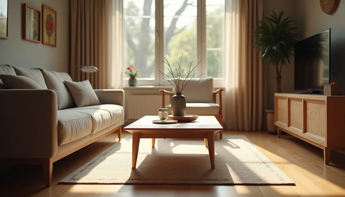 Close-up view of a living room with wooden furniture