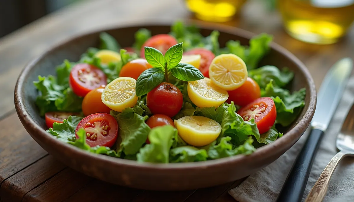 High-angle view of a salad dressed with sunflower oil