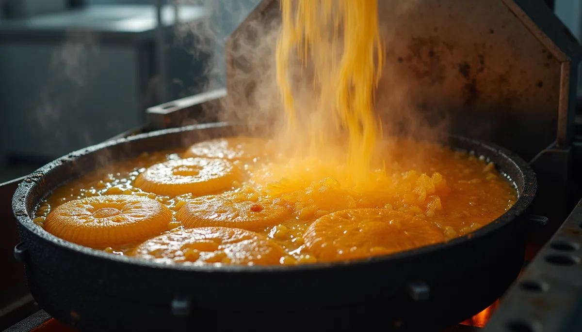High angle view of industrial frying equipment with sunflower oil being used